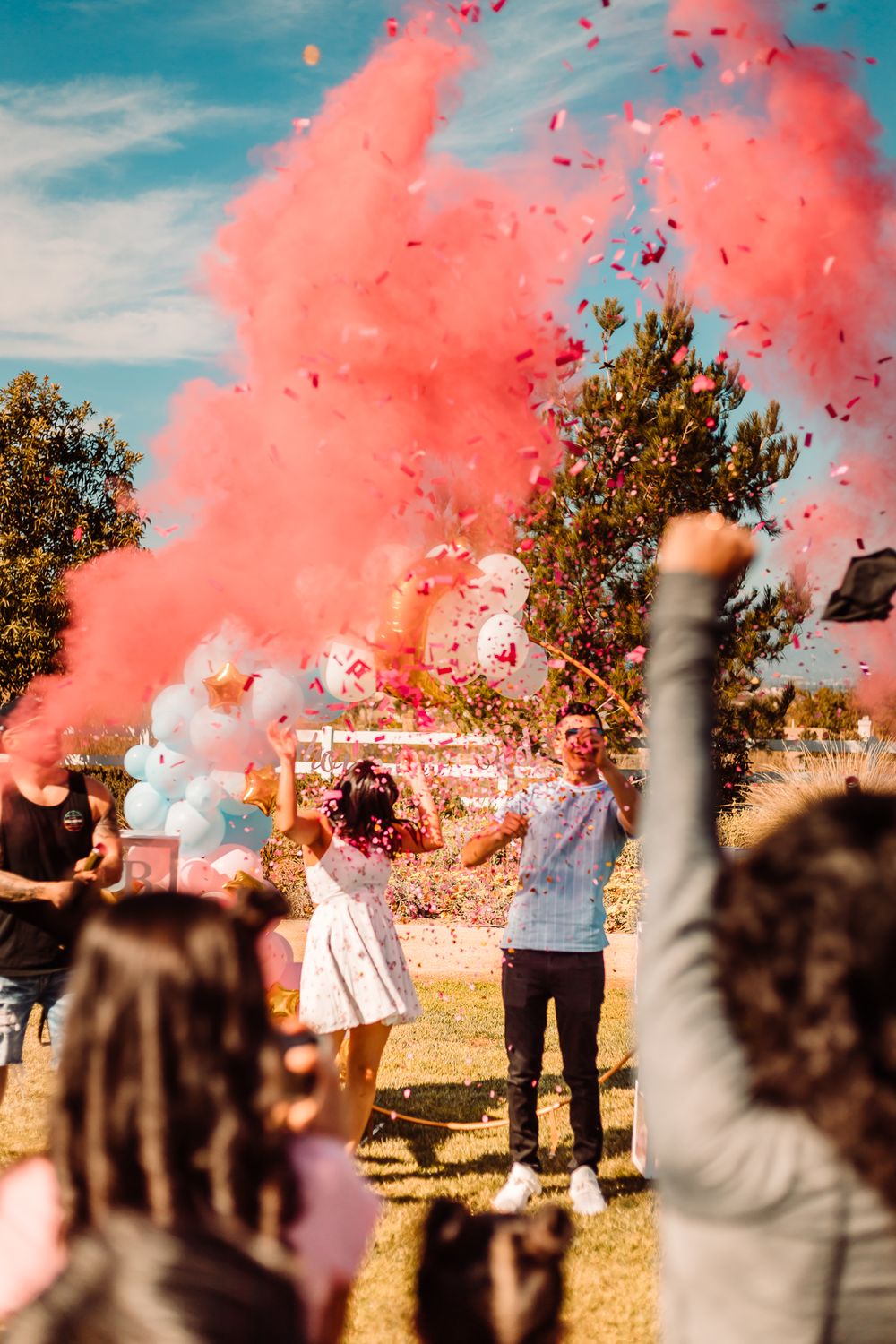 smoke and confetti gender reveal event photography in Chino Hills, California
