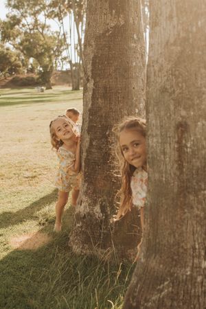 Children peeking playfully from behind large palm tree trunks in a park.