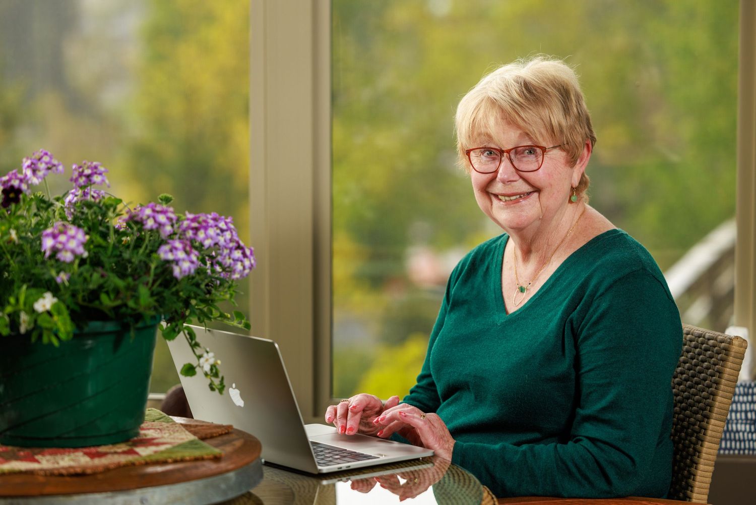 Person in green sweater sits by window with laptop and potted flowers in sunlit room.