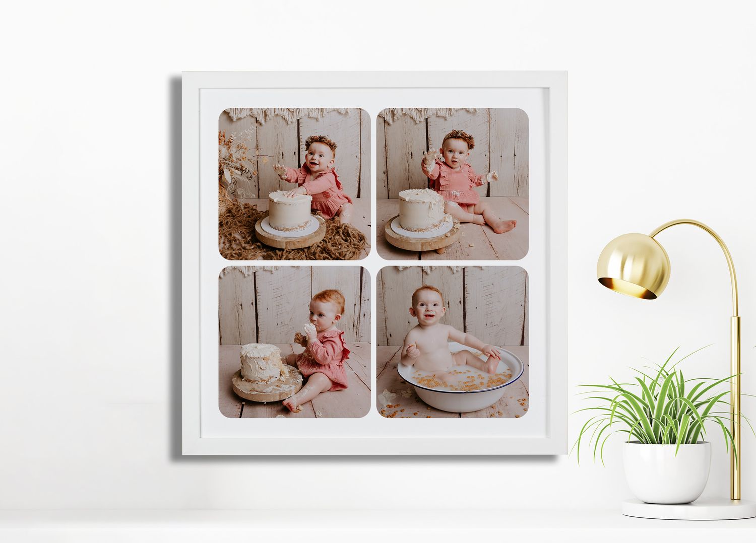 Four photo collage of baby cake smash photography session mounted on white wall near plant.