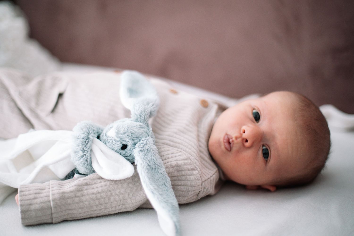 baby looking at camera New born at home photo shoot with Cornwall new born photographer