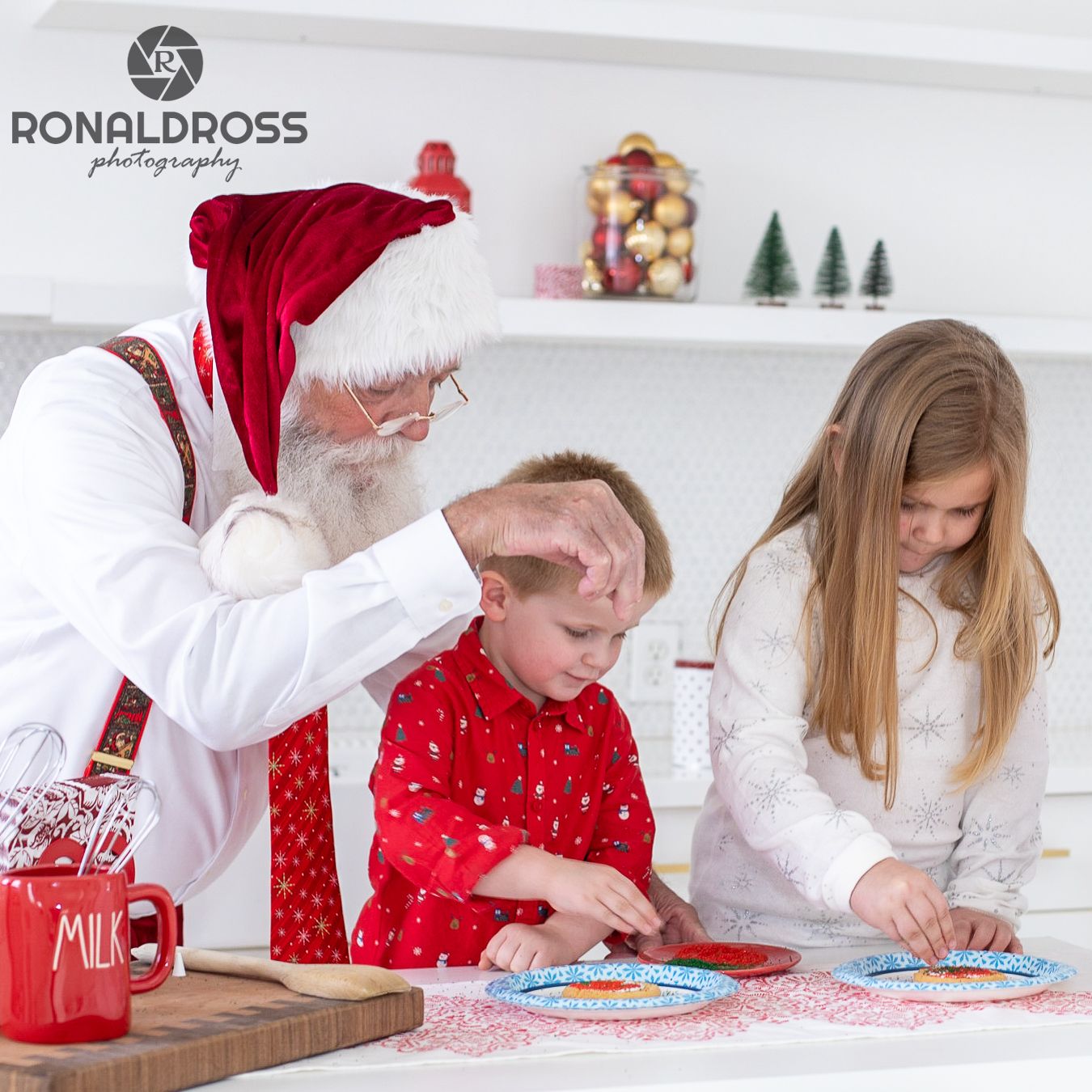 A series of photos showing people working on holiday crafts and activities at a white table.