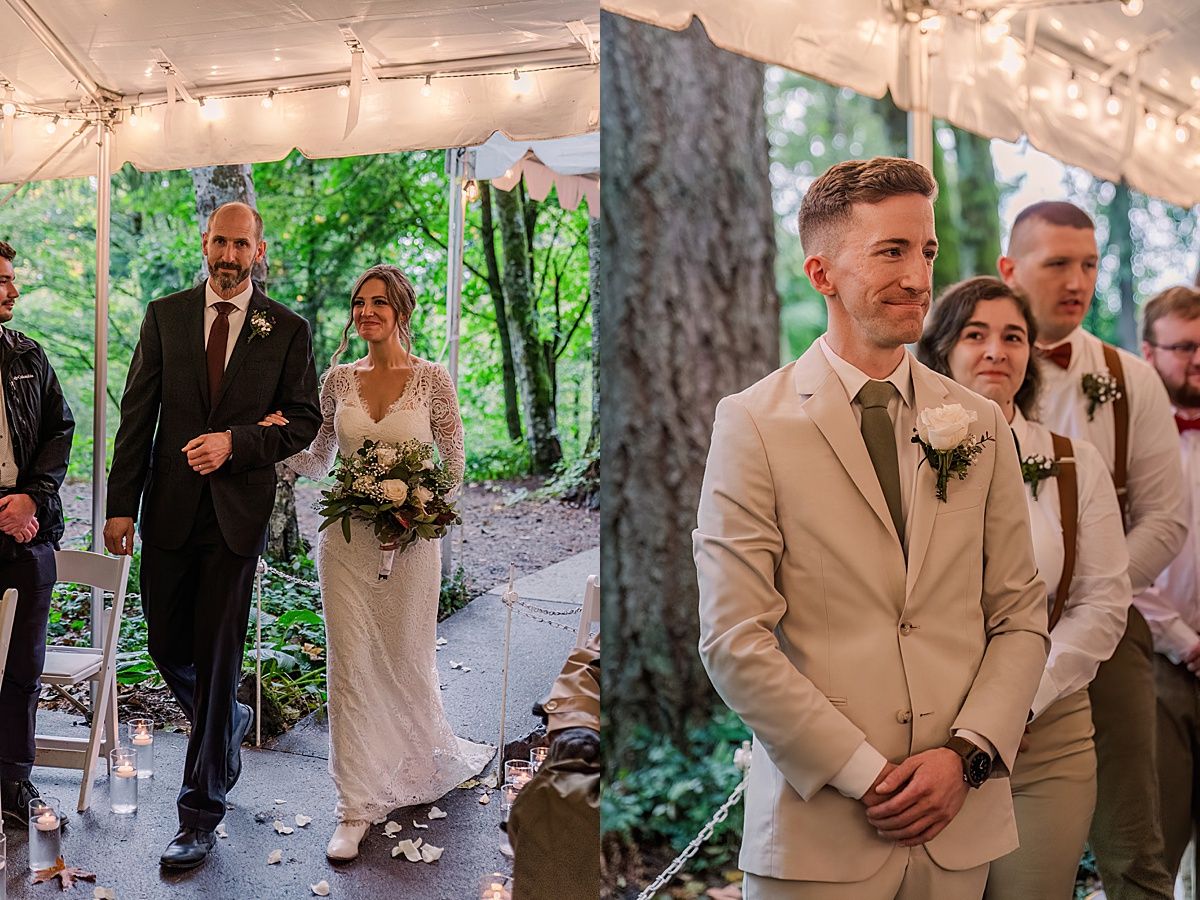 Groom watches bride walking down the aisle during wedding ceremony