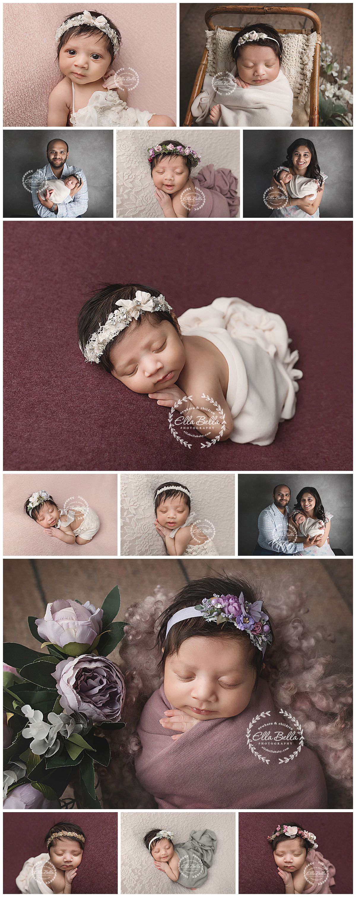Vintage-inspired newborn photo session with floral accents and family portraits.
