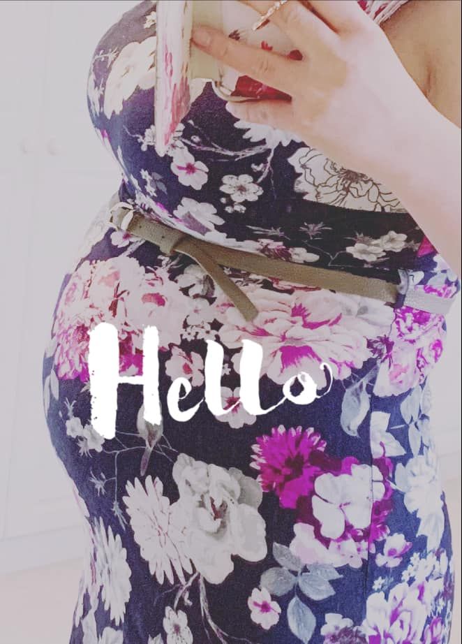 Floral print dress with white and pink flowers and 'Hello' text overlay.