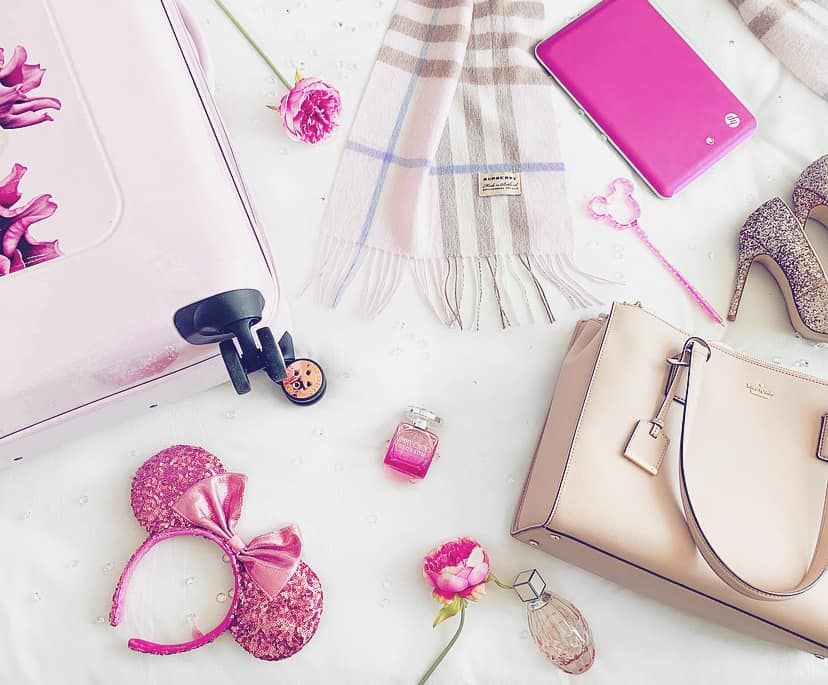 Pink and beige fashion accessories with Minnie Mouse ears and floral accents.