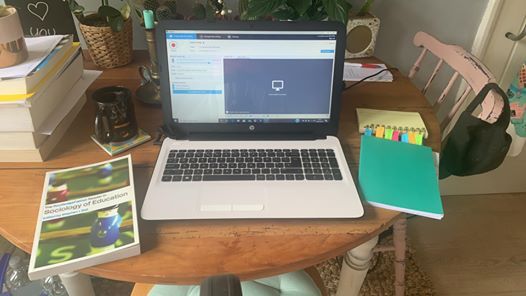 Laptop and study materials arranged on wooden desk with green notebook and plant.