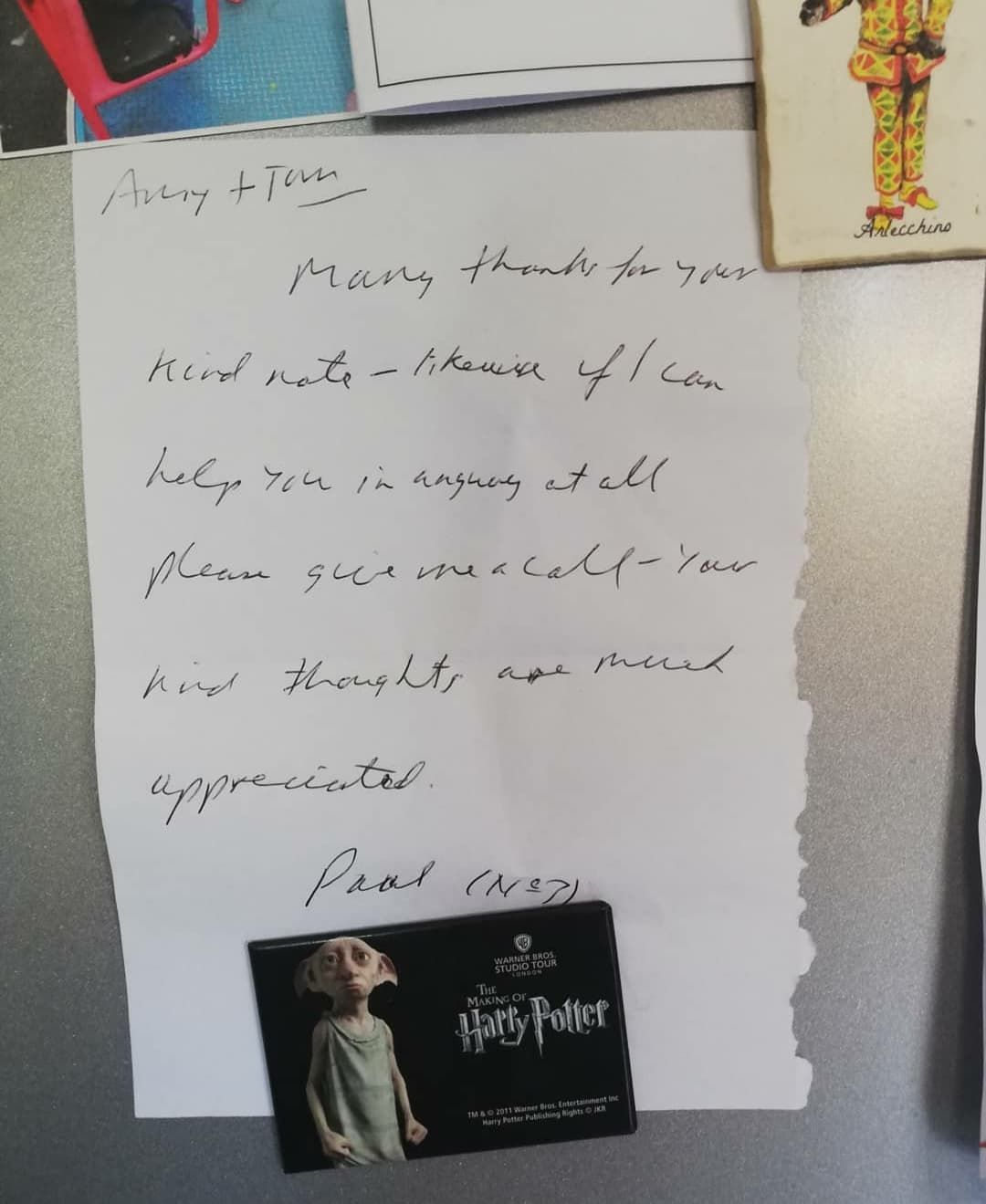Handwritten note with a Harry Potter trading card attached at the bottom.