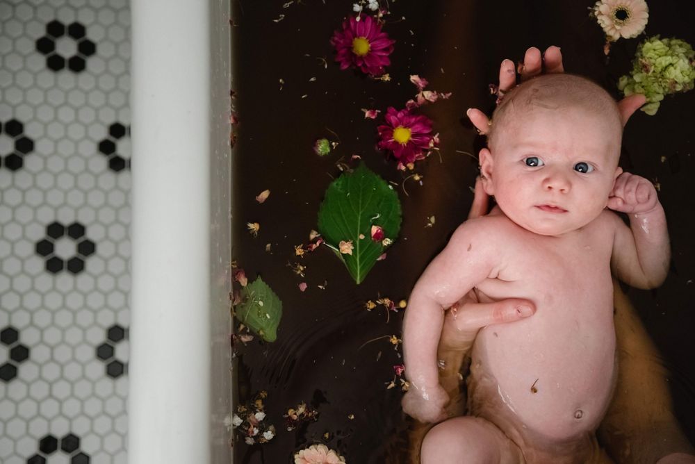 A curious newborn baby lies in a floral bath surrounded by colorful flower petals.