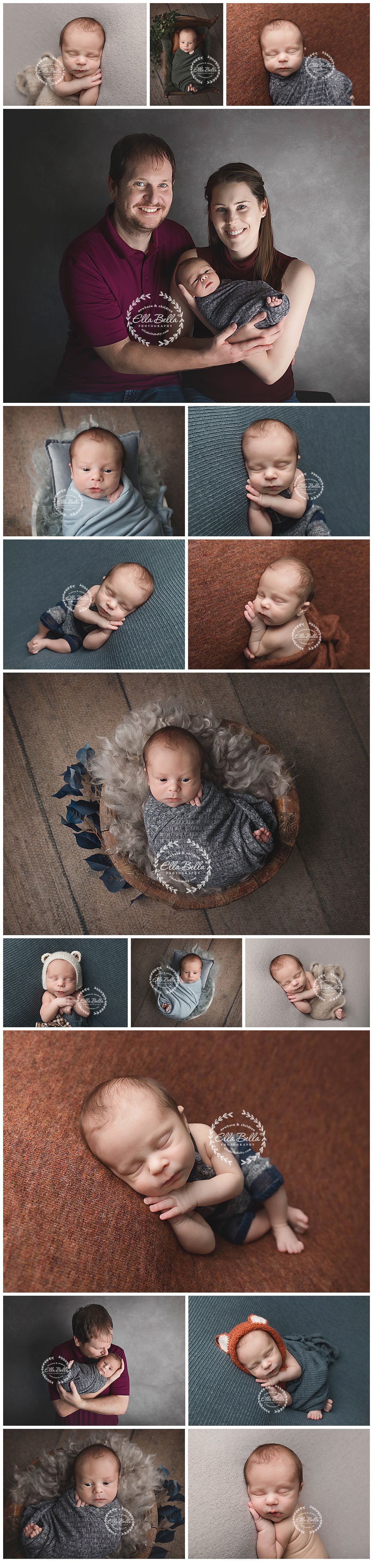 Professional newborn photo session in grey and navy tones featuring family portraits and artistic poses.