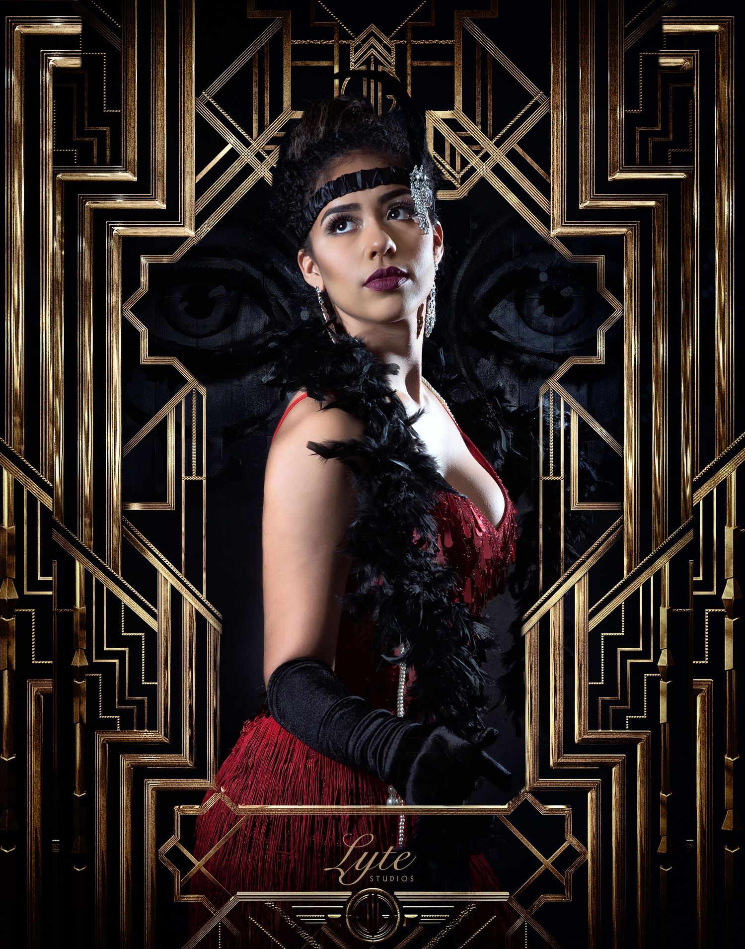 the great gatsby cover of pixie dreamers, in the style of studio portraiture, briana mora, dark red and blac