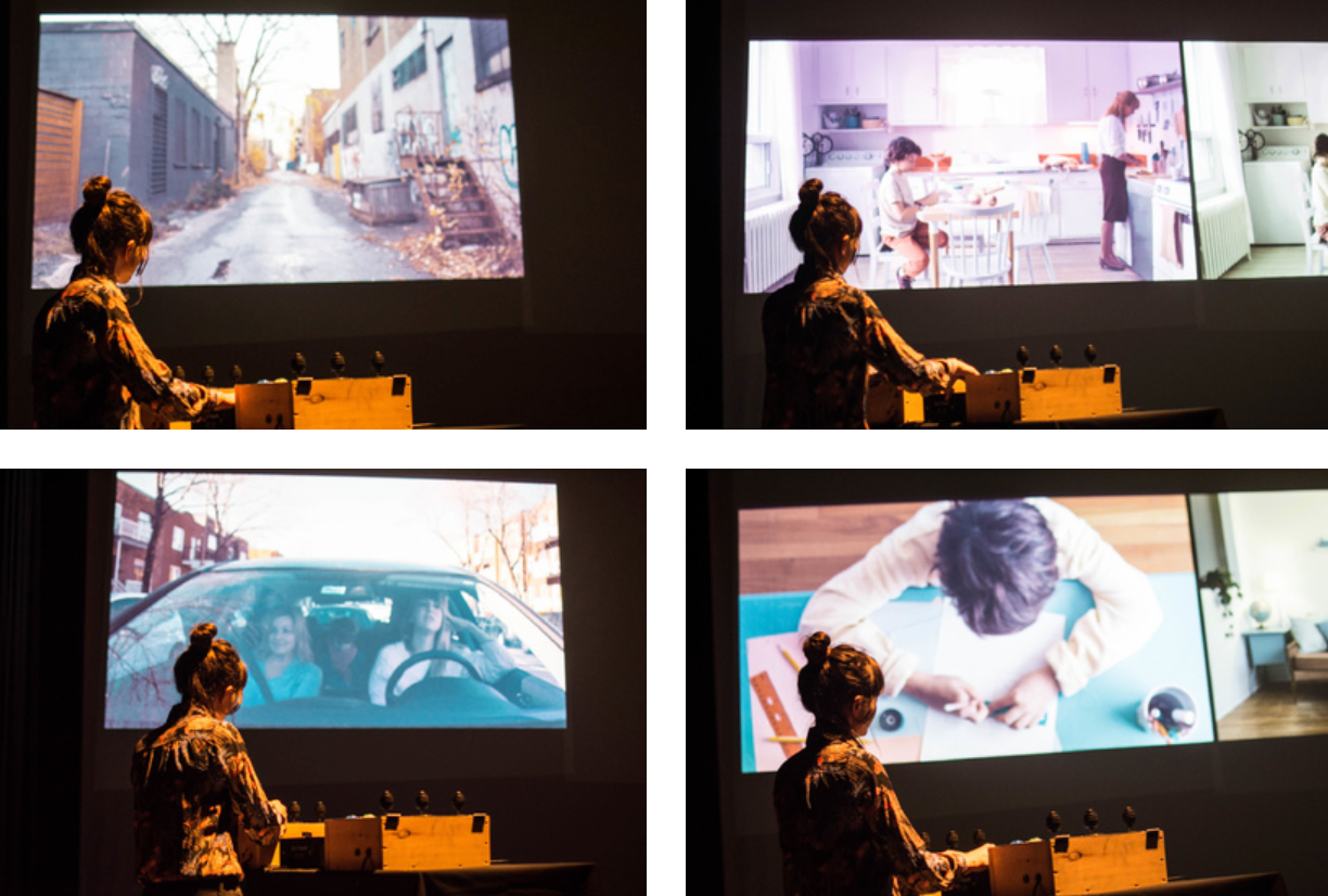 A series of projected images showing urban scenes during a multimedia presentation.