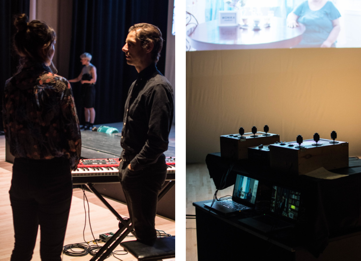 Dark concert venue setup showing audio equipment and performers in dim lighting.