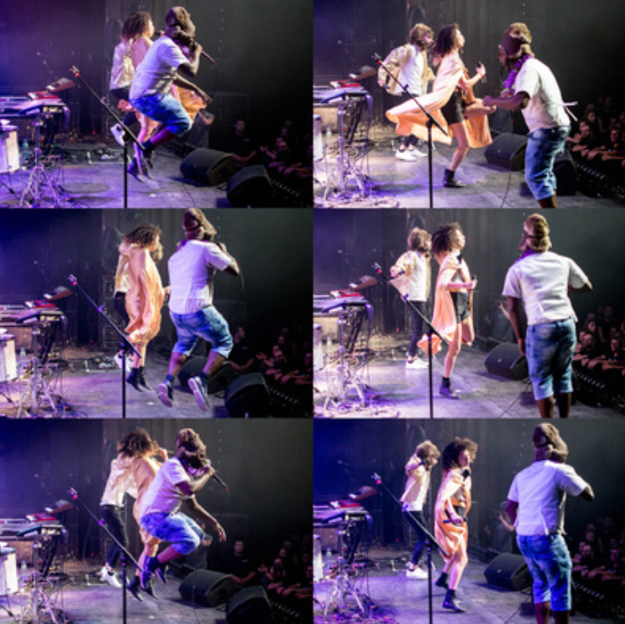 Dynamic performance shots showing energetic dance moves on a concert stage with instruments.