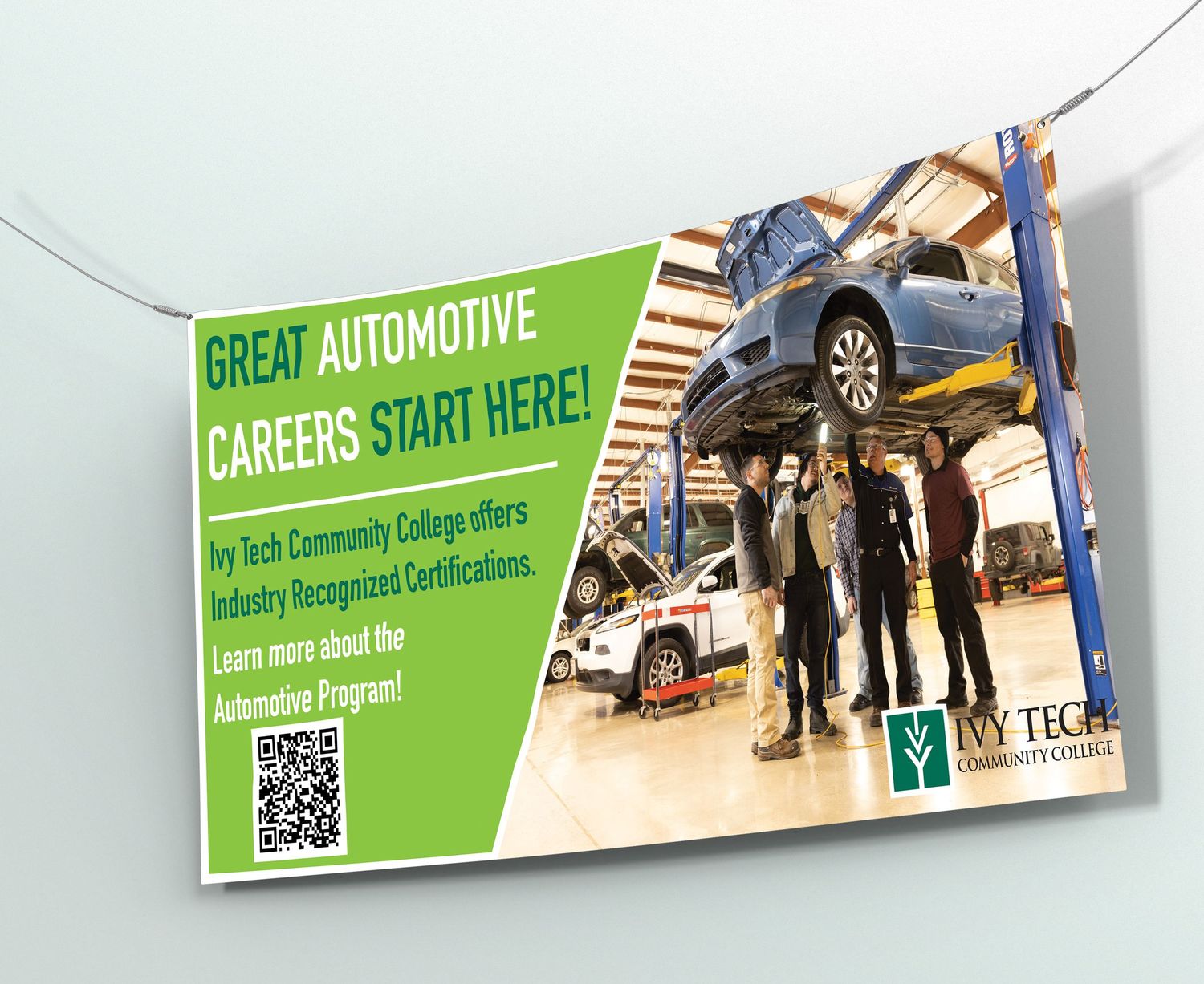 Series of automotive career promotional banners with QR codes and green accents.
