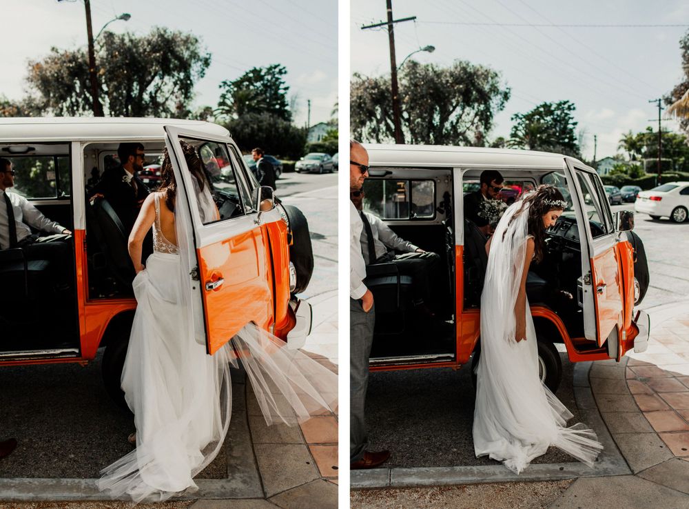 bride entering volkswagon van