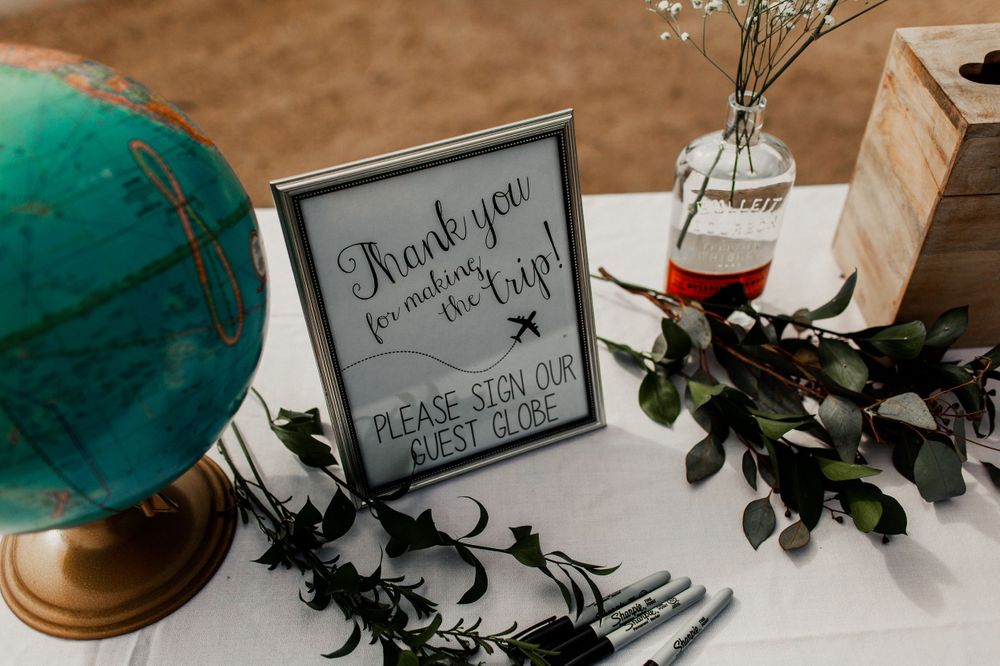 reception decor and sign in with globe at wedding reception