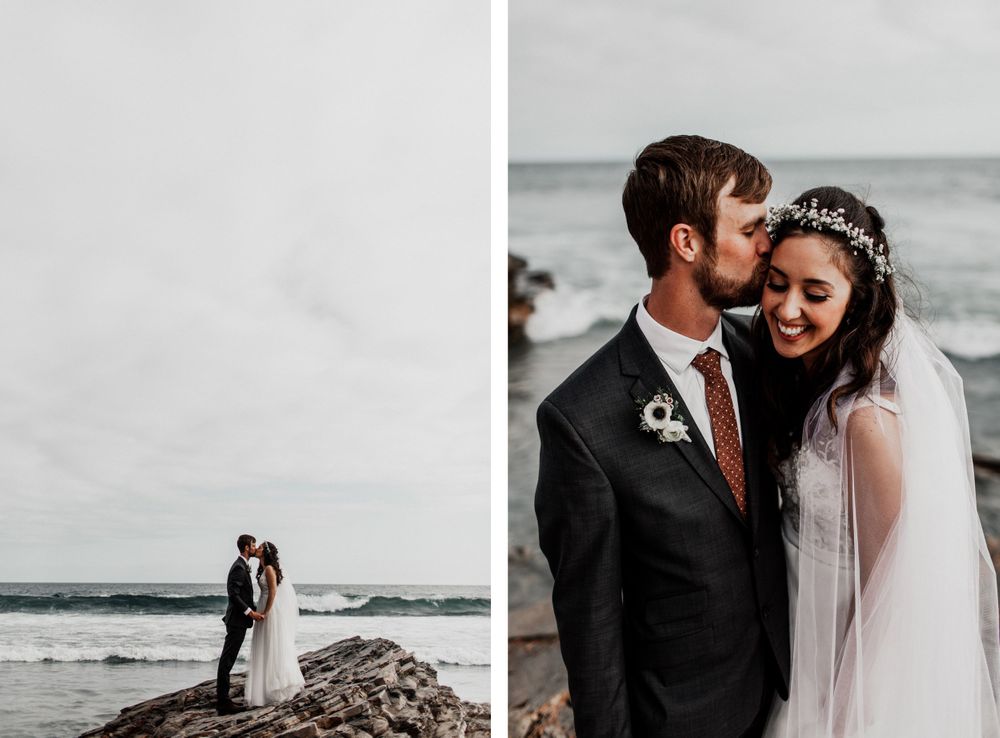 bride and groom standing on a rock