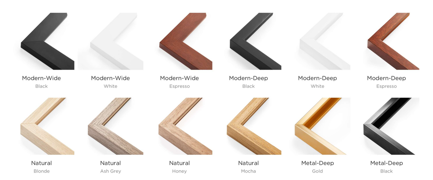 Collection of modern picture frame corners in various wood tones and finishes.