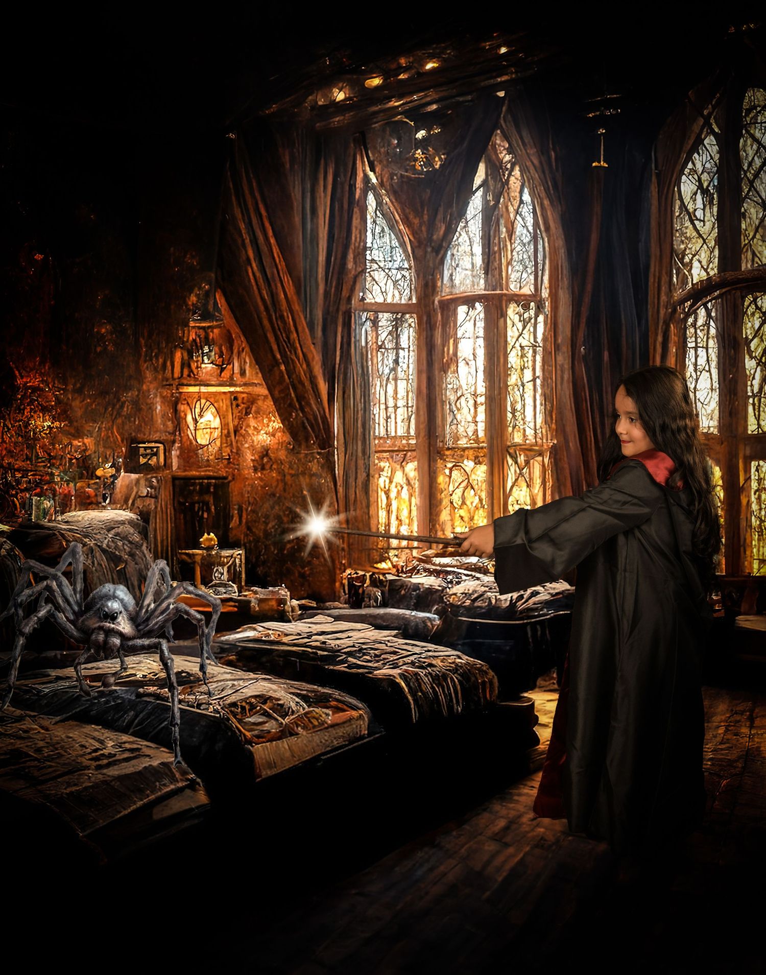 A gothic dormitory interior with tall windows and magical lighting effects.
