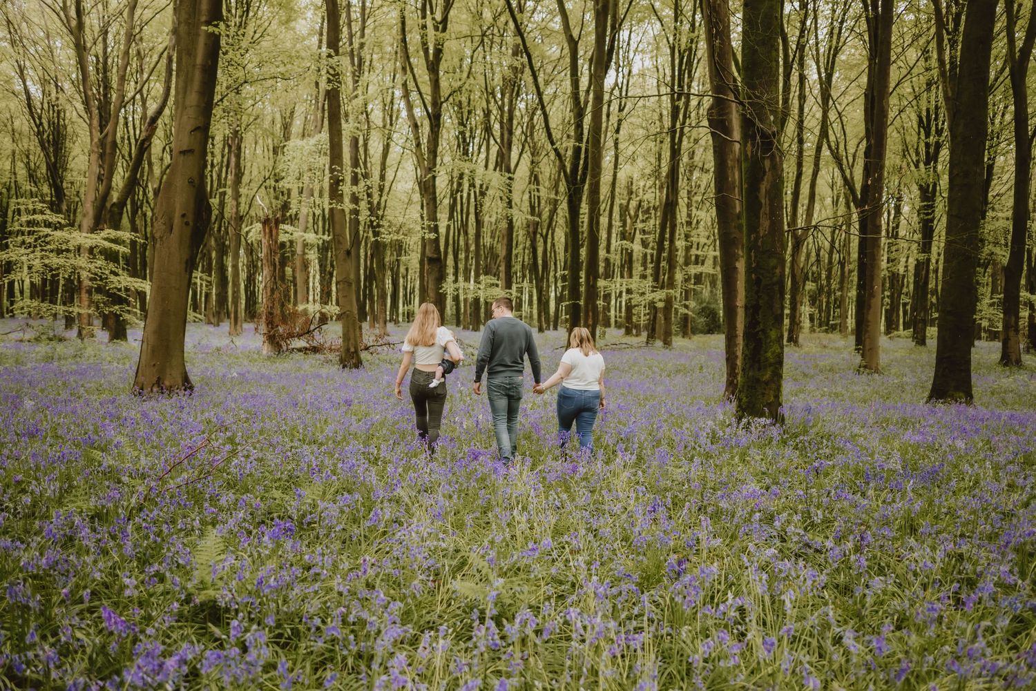 Three people walk through a magical bluebell forest filled with purple flowers.