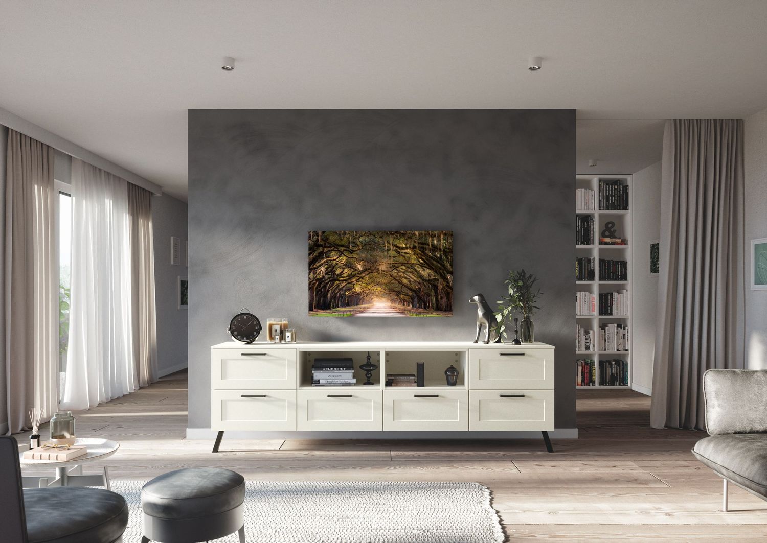 A fine art print by Jonathan Sprigler hanging above a white cabinet in a modern living room