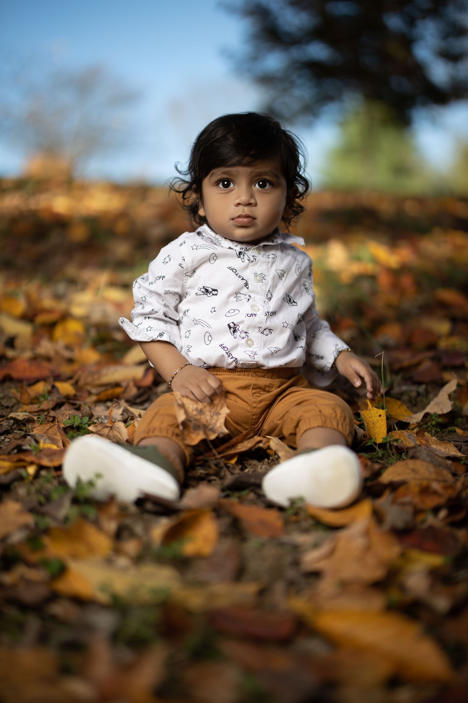 Small toddler in white patterned shirt and brown pants sits on autumn leaves wearing white shoes.
