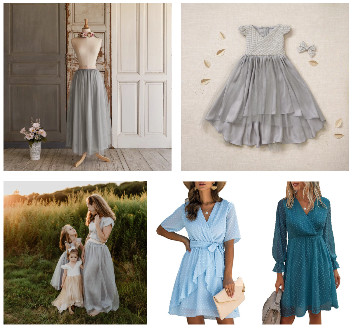 Collection of light blue and gray dresses with feminine silhouettes and romantic details.