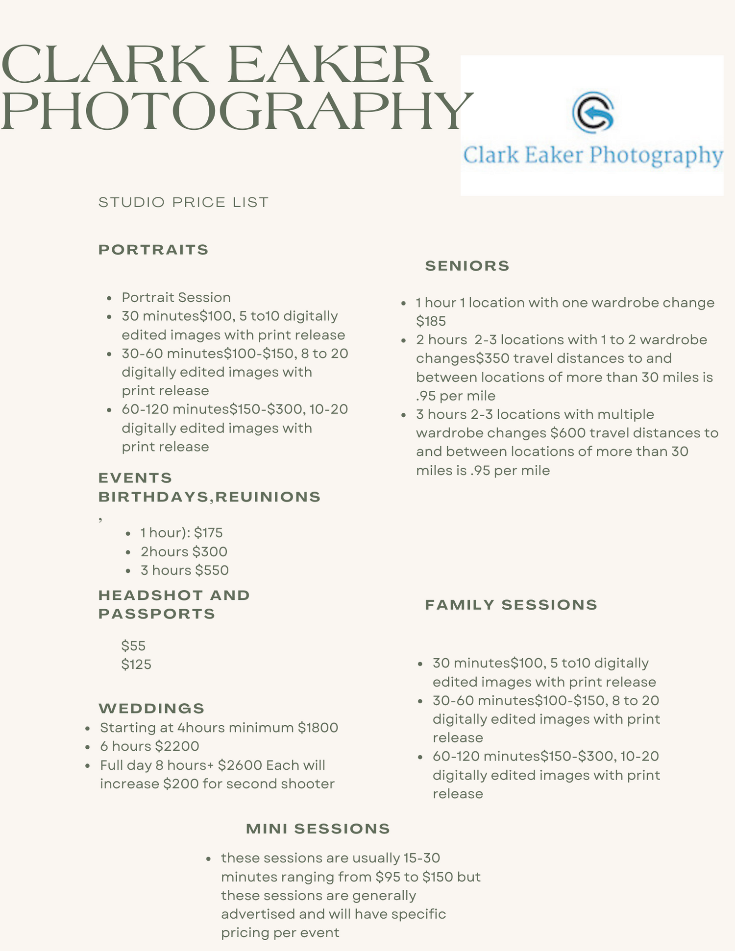 Photography price list showing various portrait and wedding package offerings.
