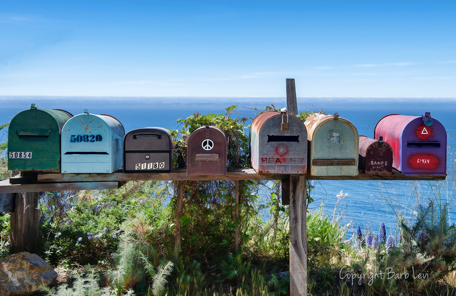 Contact page with photo of colorful mailboxes.