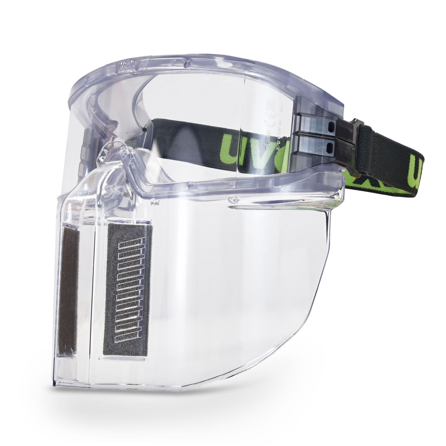 Clear protective safety goggles with green accents and face shield for industrial or laboratory use.