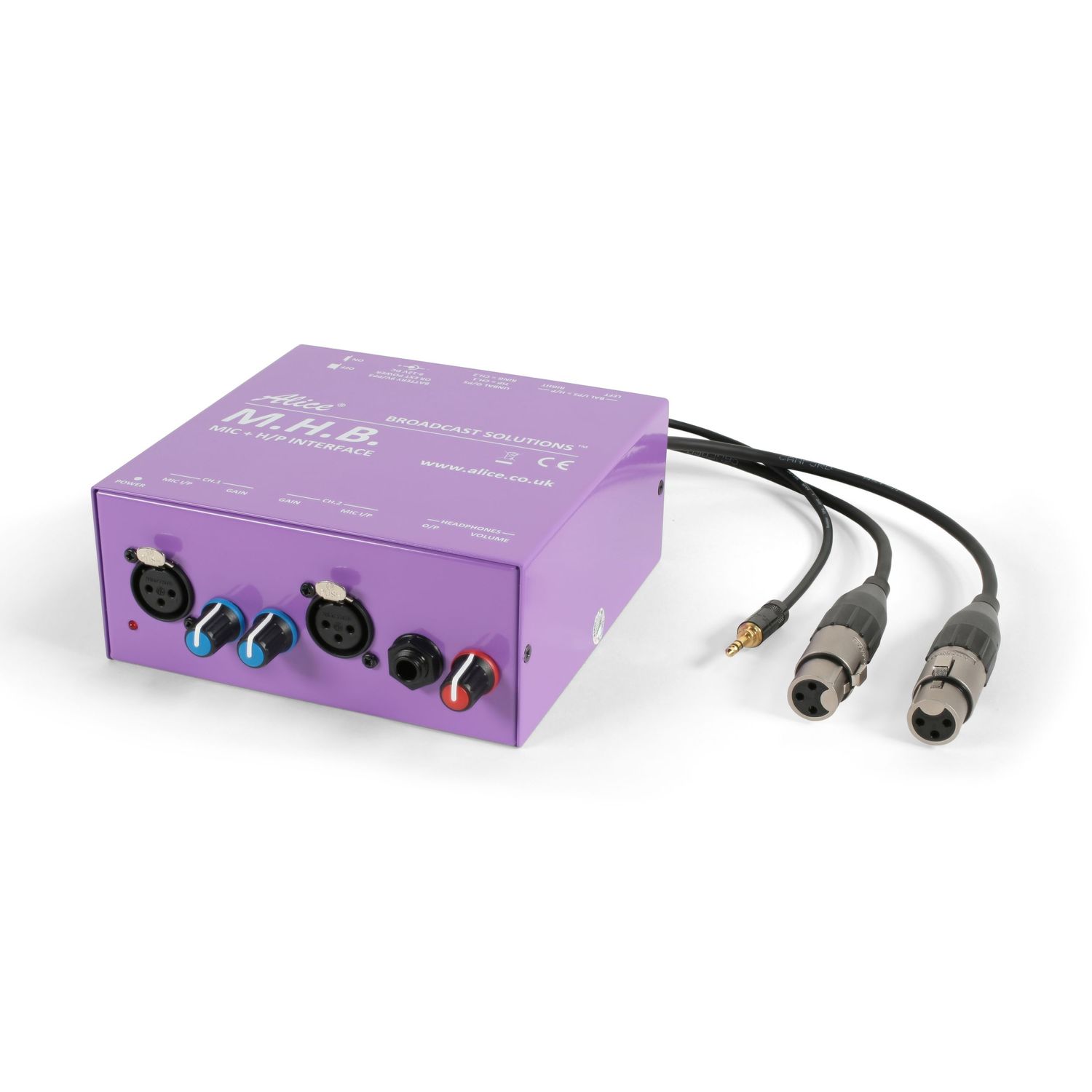 Purple audio interface box with multiple input/output ports and connecting cables.