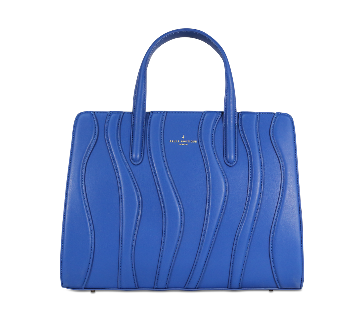 Elegant blue leather handbag with wave-textured design and dual handles.