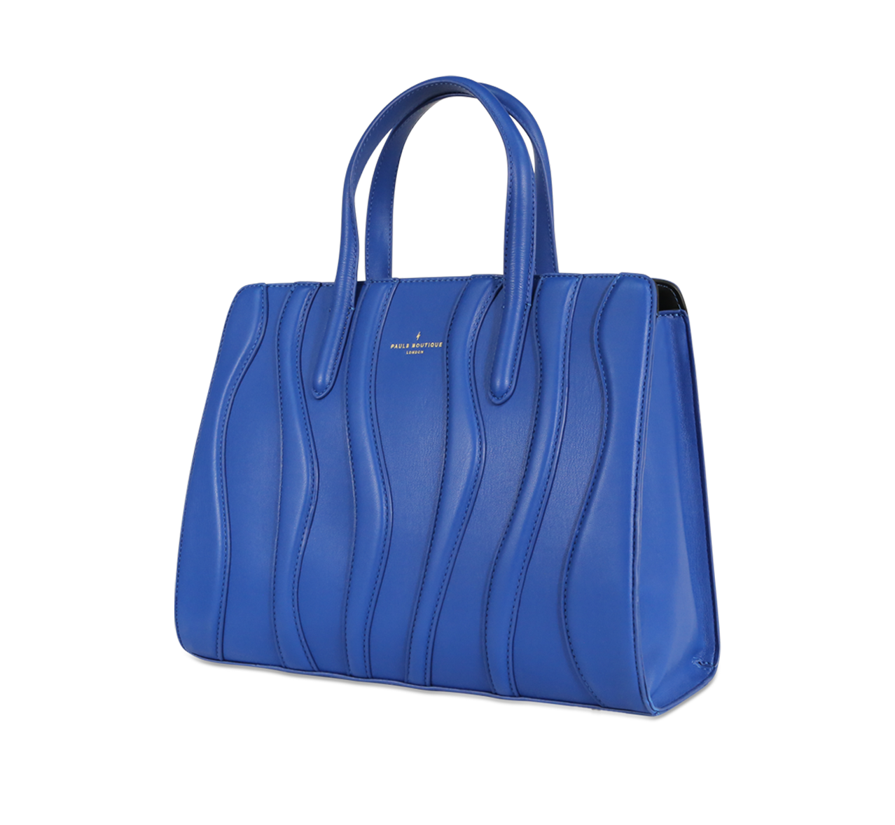 Structured blue leather tote bag with wavy pattern detail and double handles.
