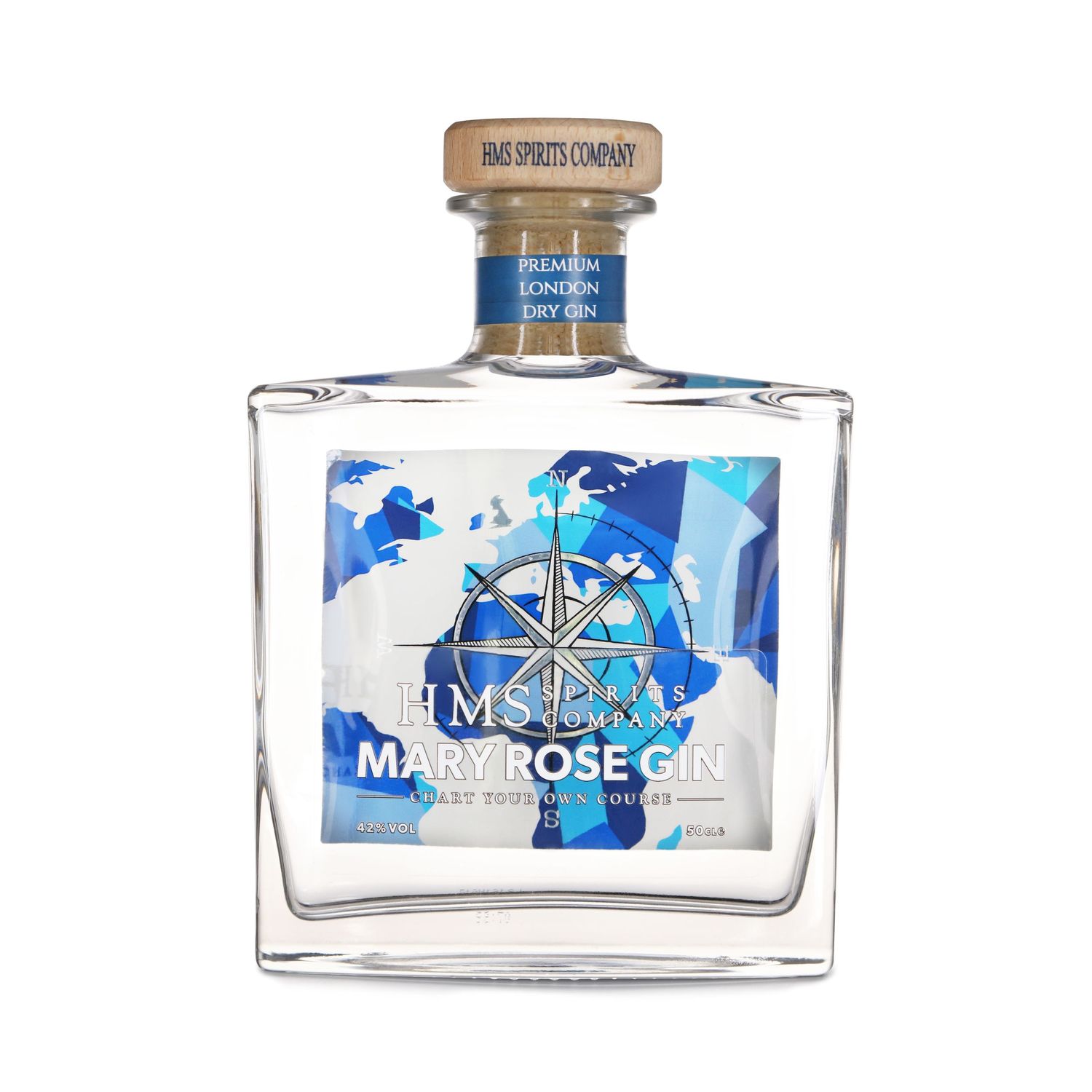 Square glass bottle of blue-colored gin with compass rose design against a white background.