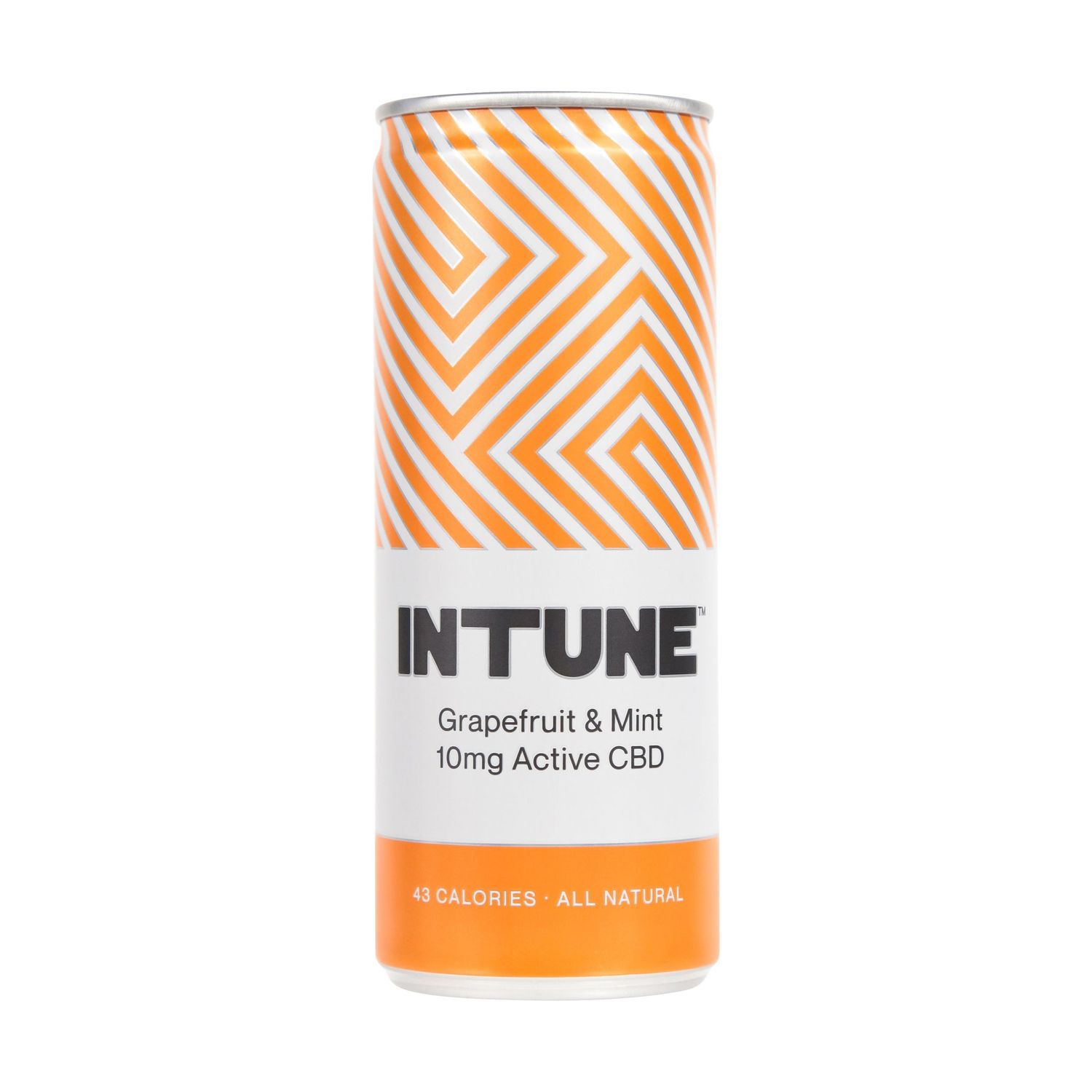 Orange and white striped aluminum can of INTUNE CBD beverage featuring grapefruit and mint flavor.