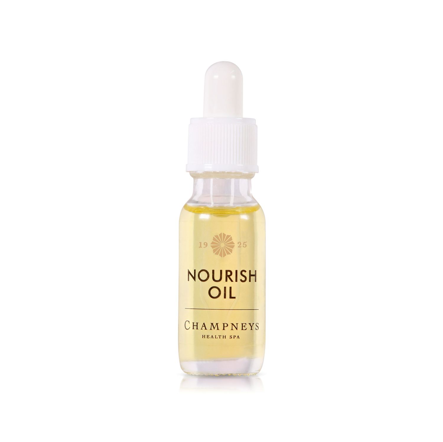 Small glass dropper bottle of golden Nourish Oil skincare product.