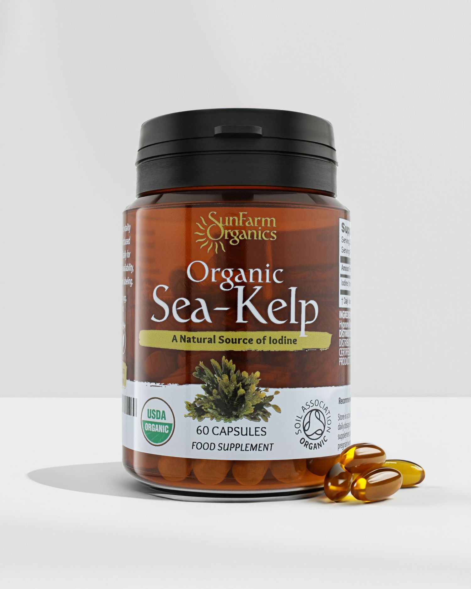 Organic sea kelp supplement bottle with capsules displayed against white background.