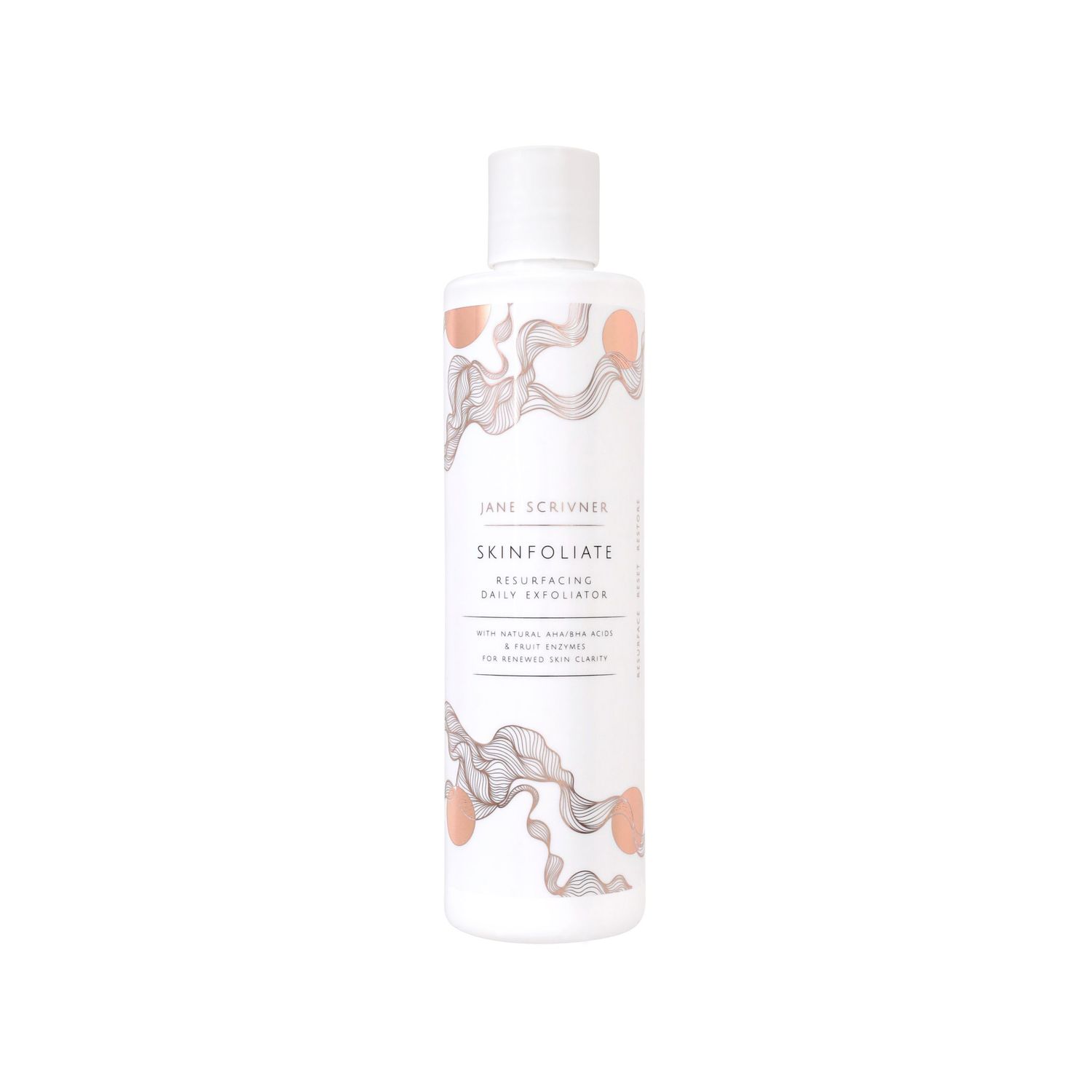 Minimalist white bottle with peach and grey swirl pattern design.