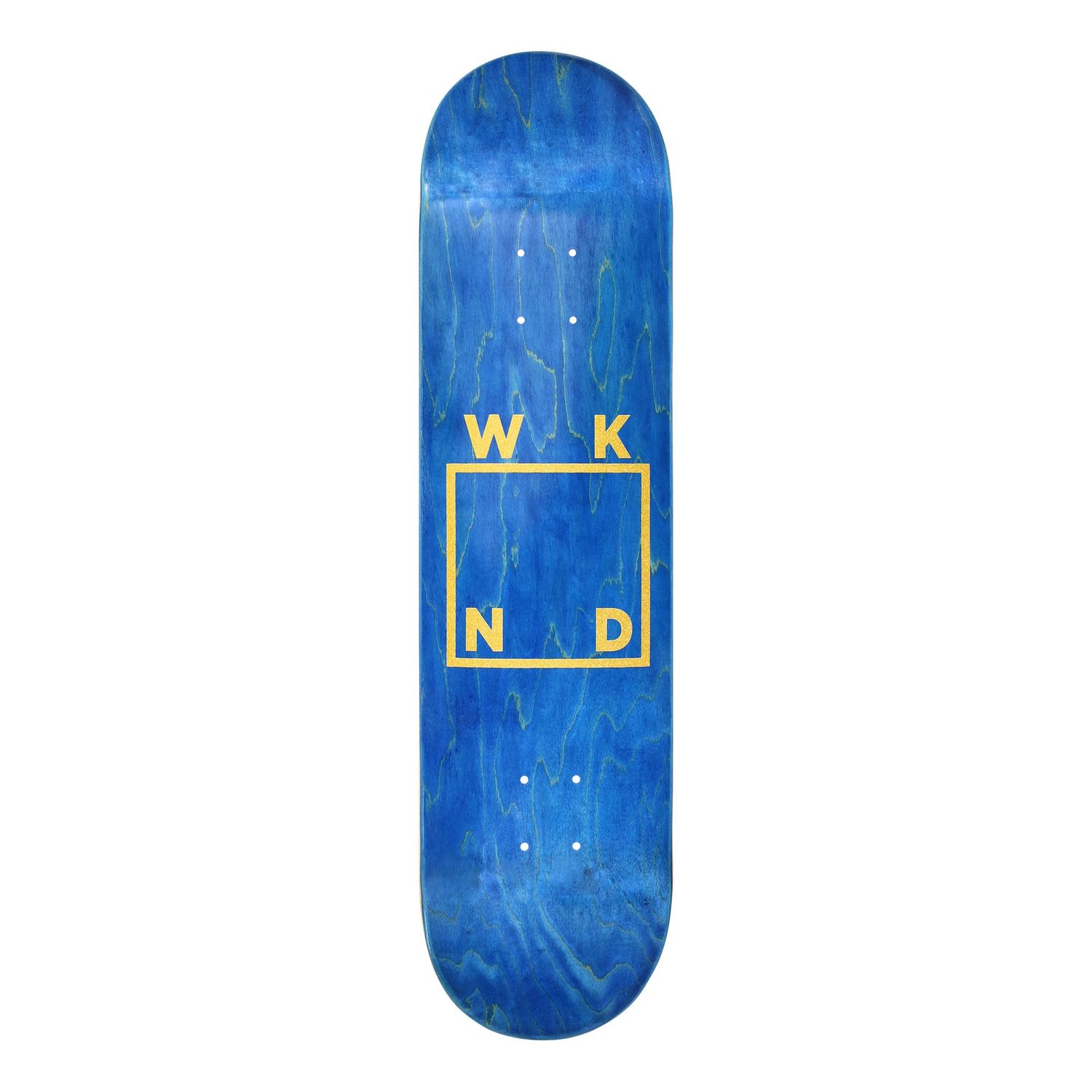 Blue skateboard deck with yellow WKND logo design in minimal style.