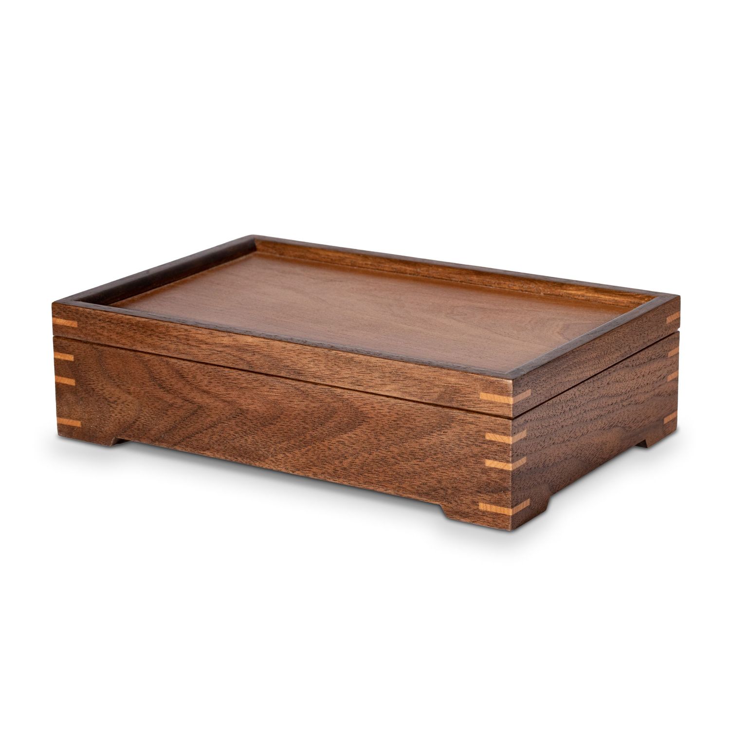 Handcrafted wooden box with raised edges and dovetail joints made from rich brown hardwood.