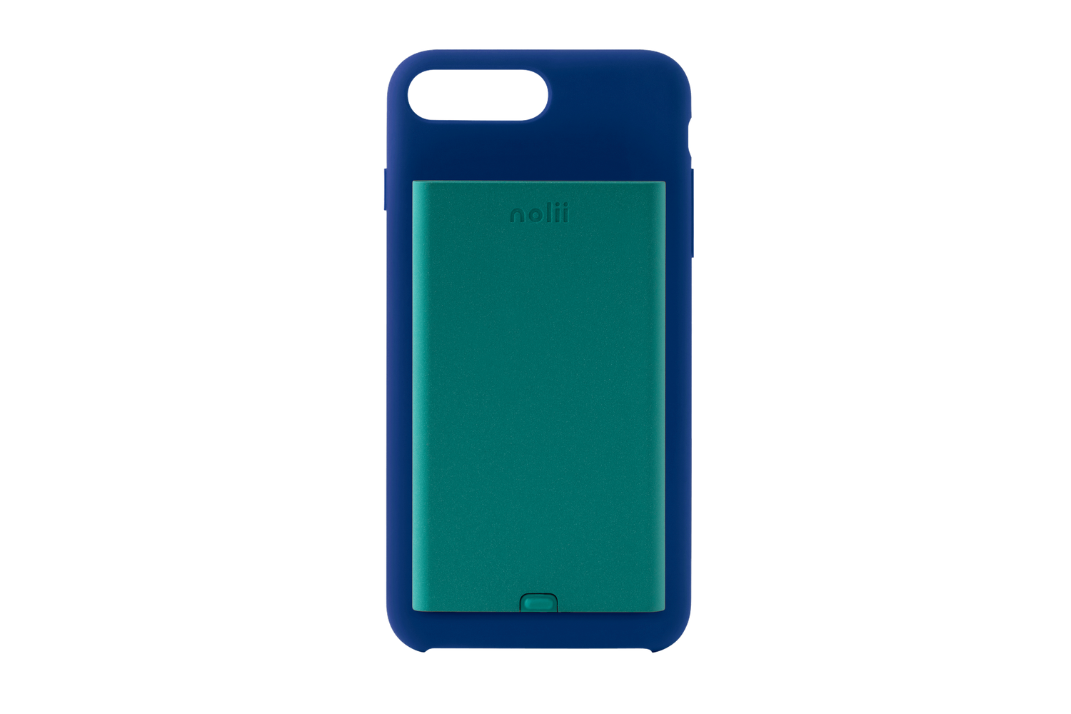 Blue and teal protective phone case with card storage compartment.