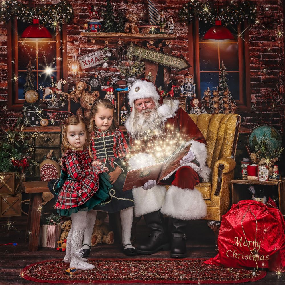 Santa sitting with child during holiday portrait session in decorated Christmas studio set in Austin photography studio
