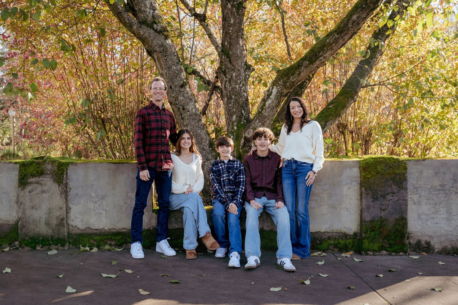 Autumn session with family of four against fall trees, Portland Oregon fall family photo session.