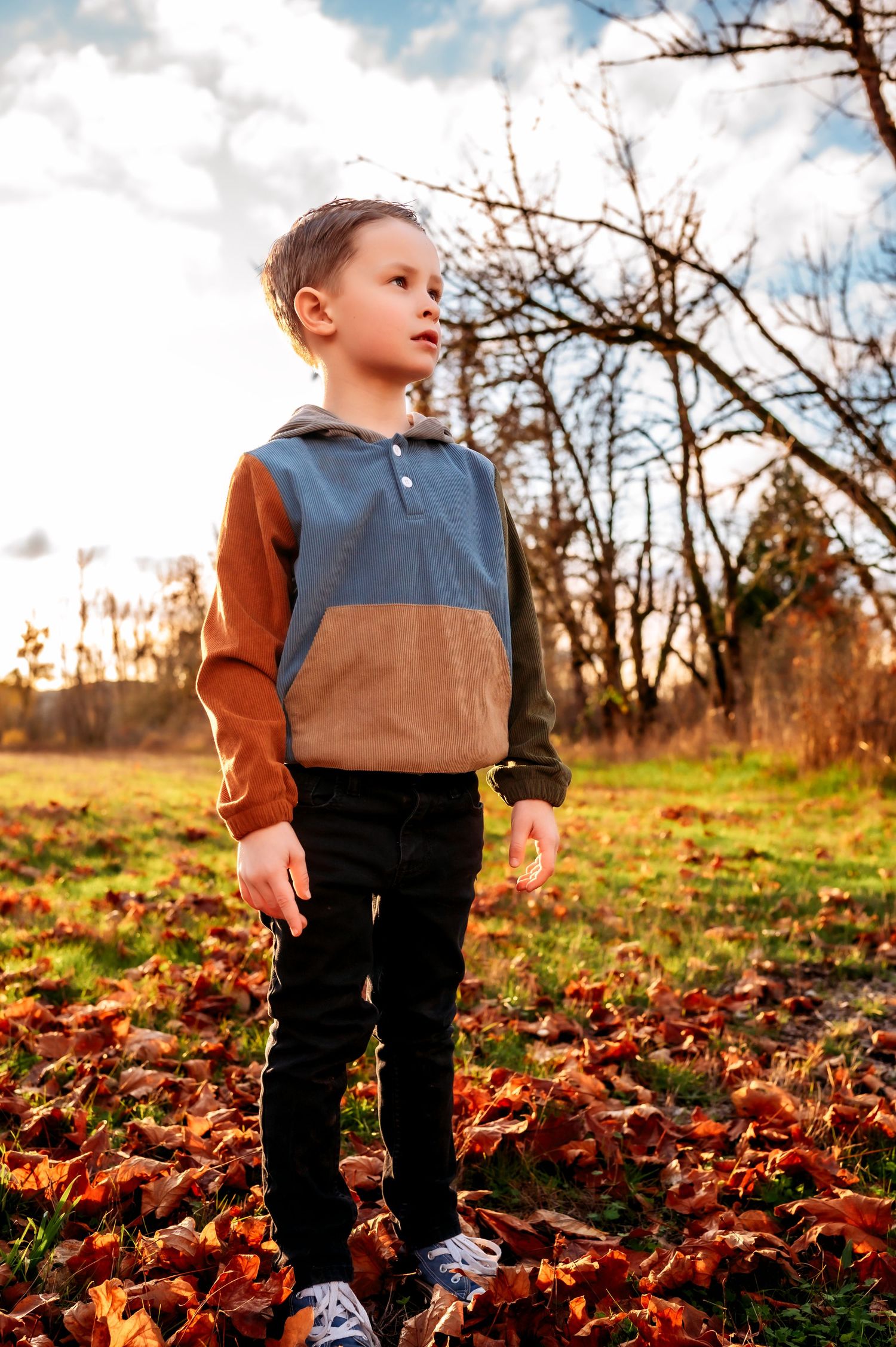 Young child standing in autumn leaves wearing brown and blue jacket.