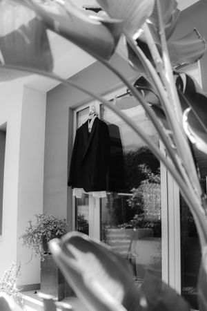 Black suit jacket hangs in window display with white walls and plant leaves framing the artistic composition.