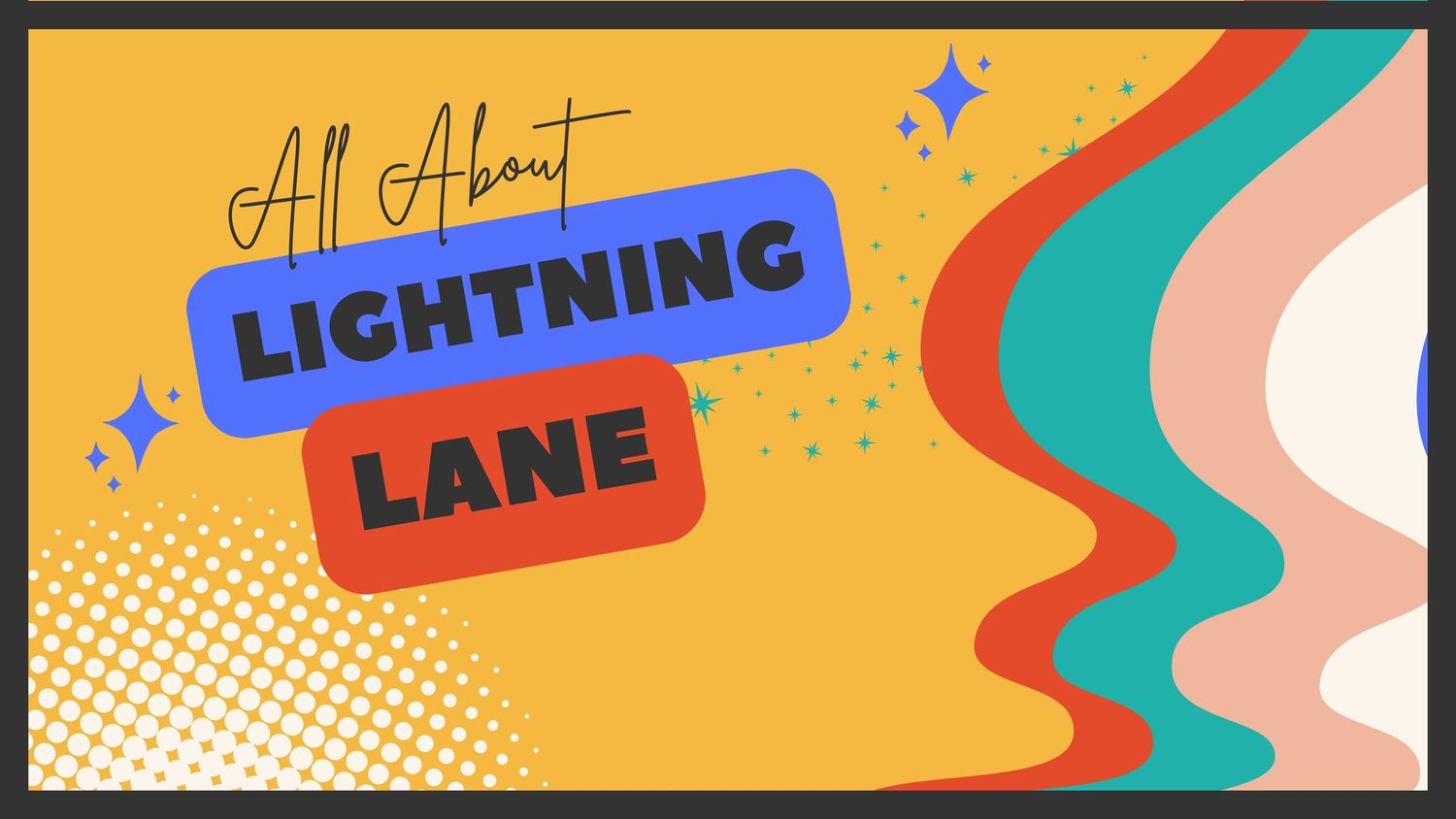 Retro-style graphic design featuring 'Lightning Lane' text on yellow background with decorative curves and stars.