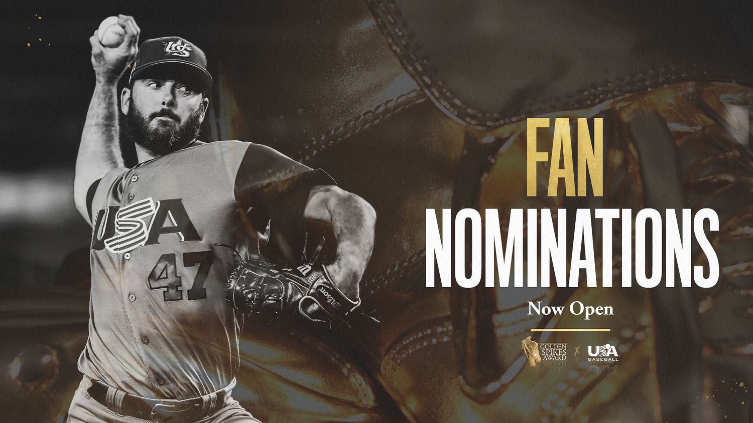 USA Baseball fan nominations promotional graphic featuring pitcher number 47 in gold and dark tones.