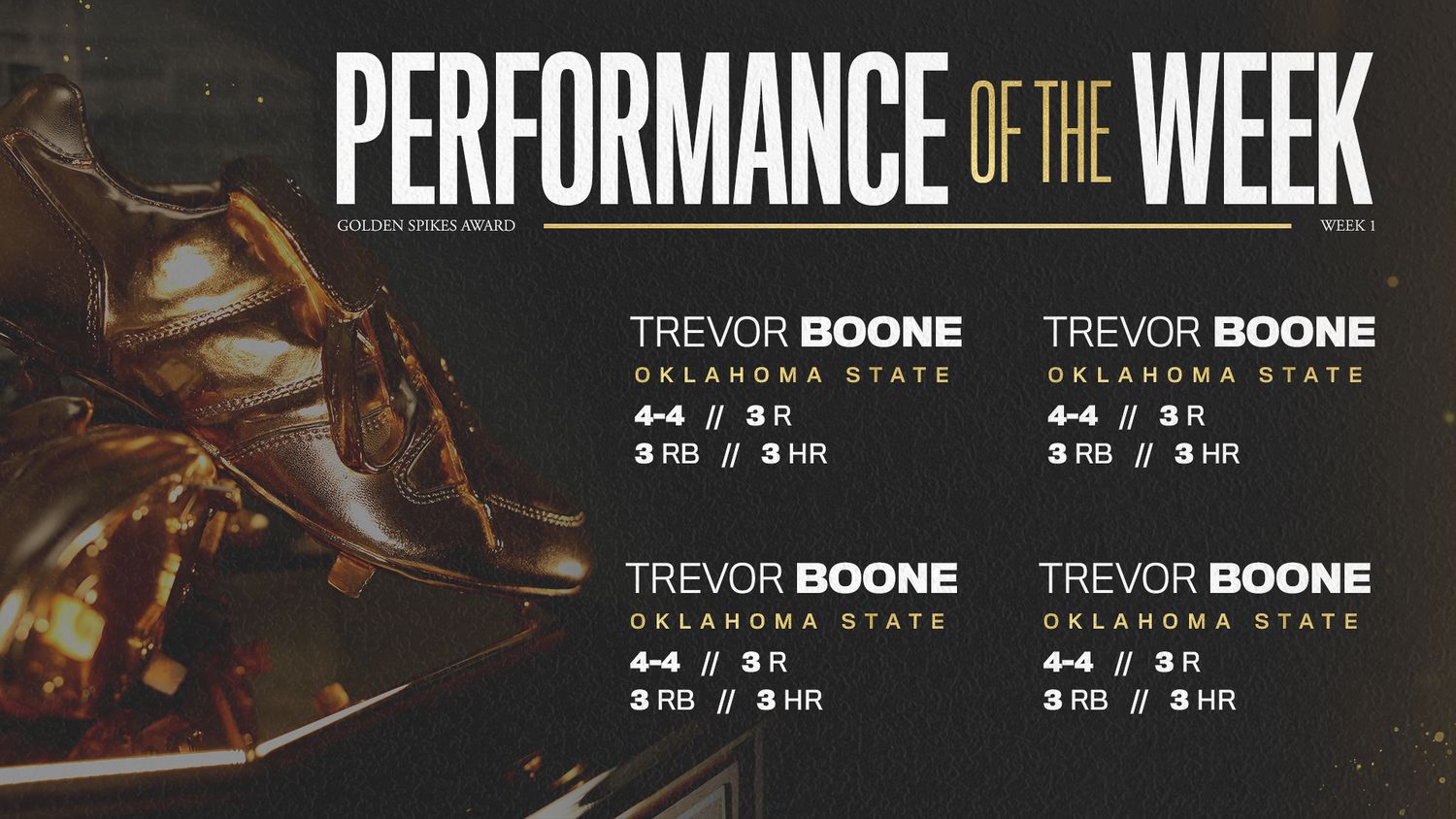 USA Baseball Performance of the Week award graphic featuring Trevor Boone of Oklahoma State University.