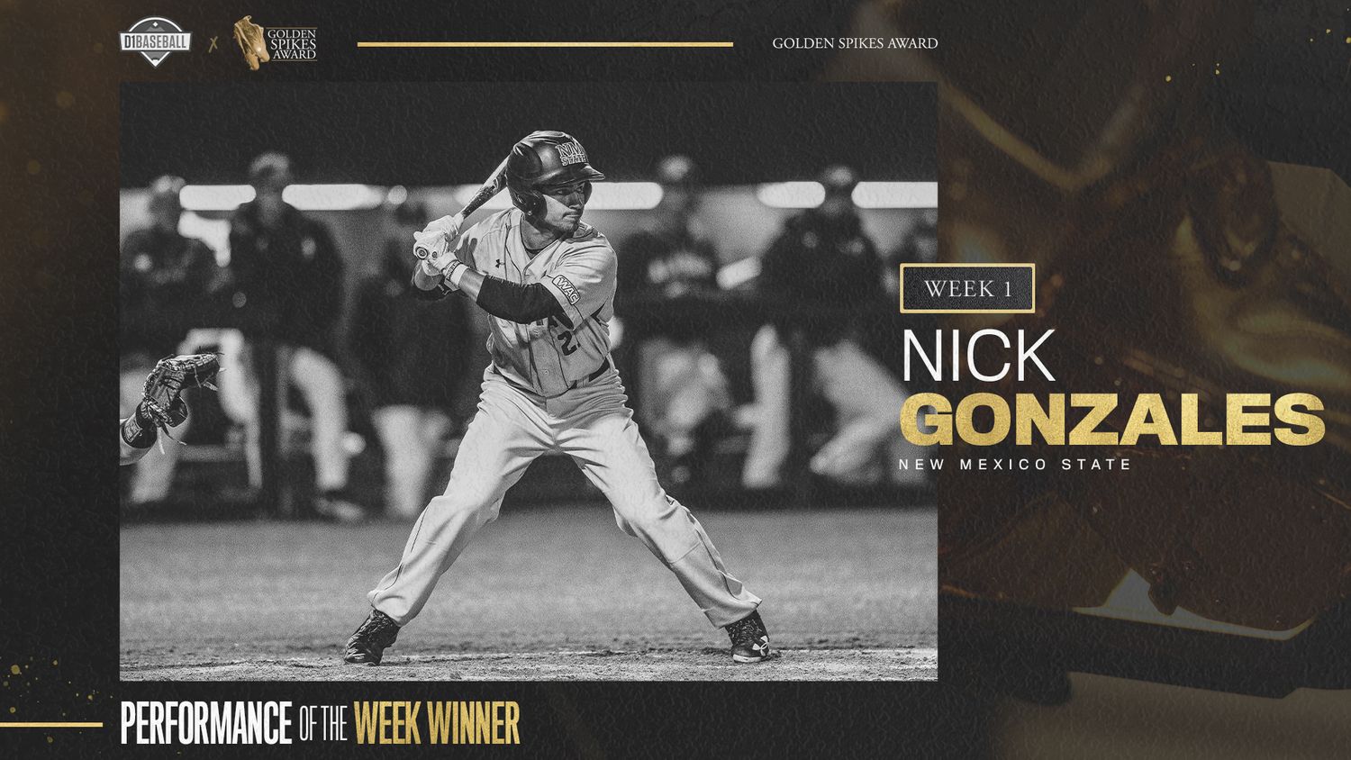 Nick Gonzales New Mexico State baseball player named Golden Spikes Award Week 1 Performance of the Week Winner.
